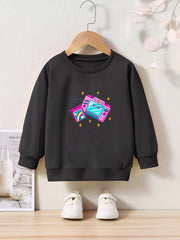 Cartoon Camera Print Girls Casual Pullover Sweatshirt