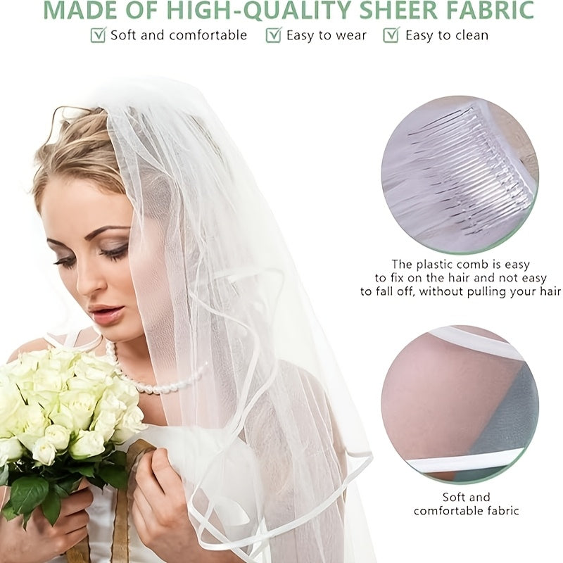 Bridal Veil with Double Ribbon Edges & Comb - Perfect Gift for Brides