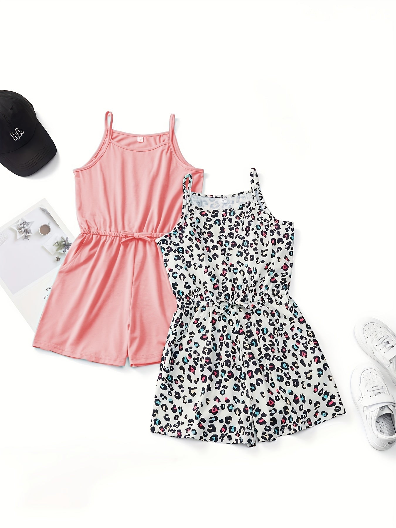 Girls Leopard Print Cami Rompers Set
