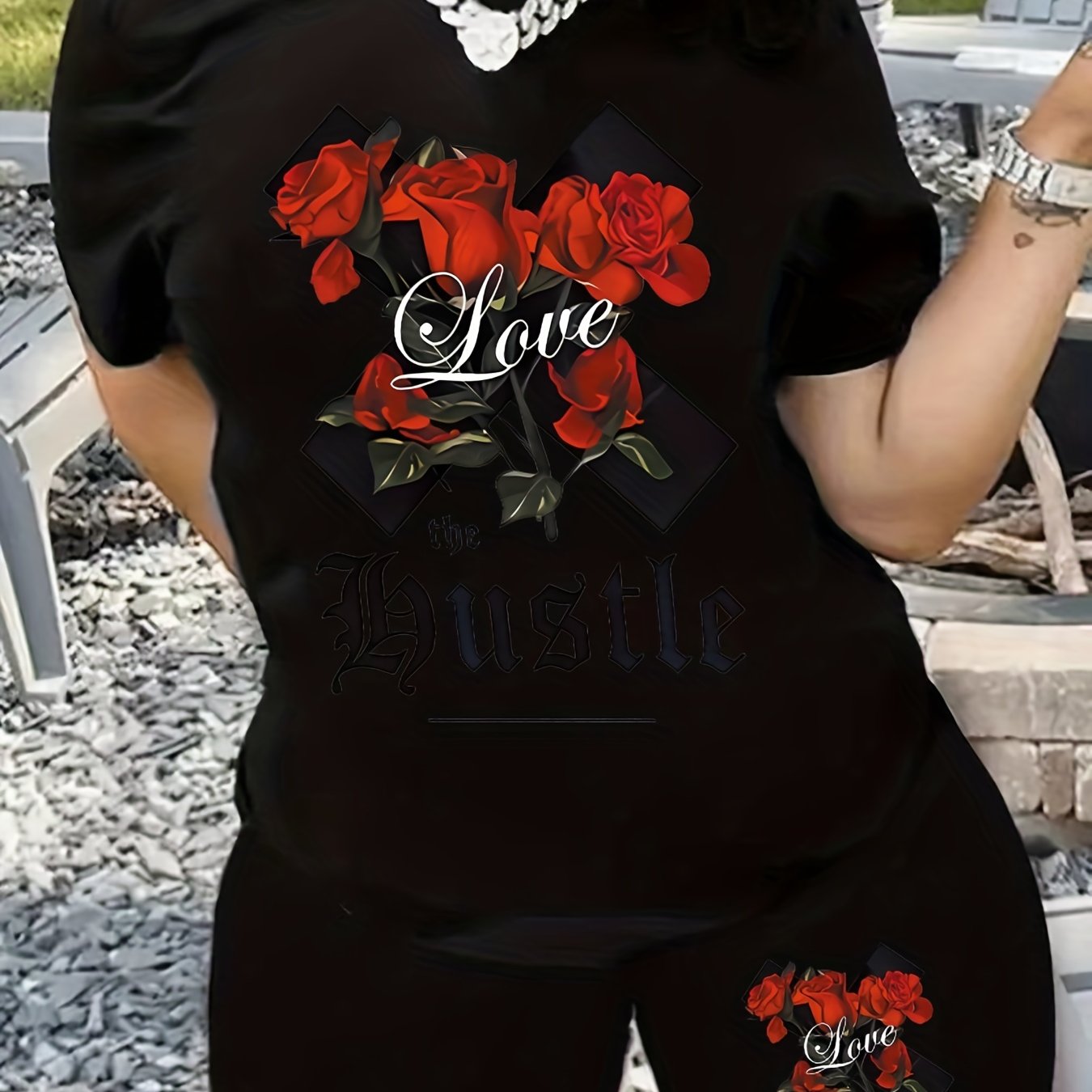 Rose & Letter Print Top & Shorts Set