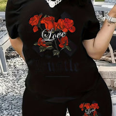 Rose & Letter Print Top & Shorts Set