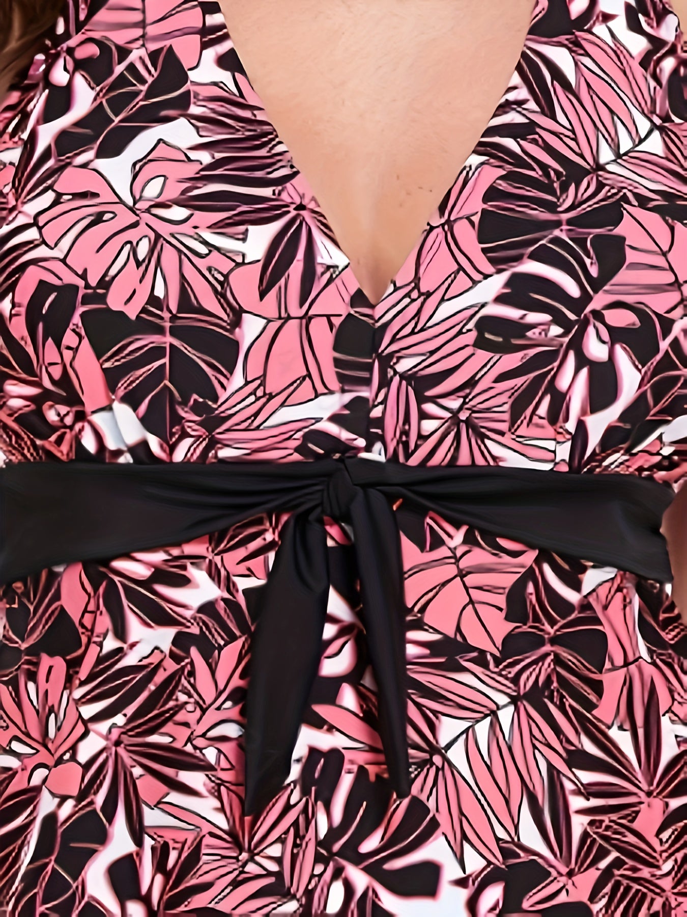 Modest Tankini Set Women's Plus Tropical Print Tie Front V Neck