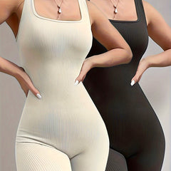 Solid Ribbed Jumpsuit Sleeveless Sports Bodysuit Activewear