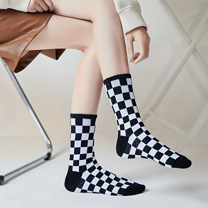 3 Pairs Checkerboard Crew Socks Casual Comfy Mid Tube Socks Women's Stockings
