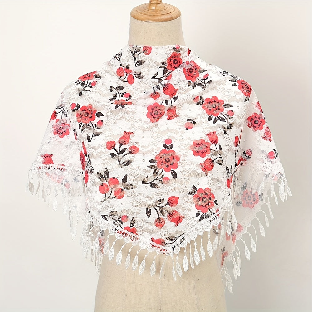 Boho Lace Triangle Shawl Flower Print Hollow Wrap