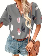 Feather Print Short Sleeve Blouse