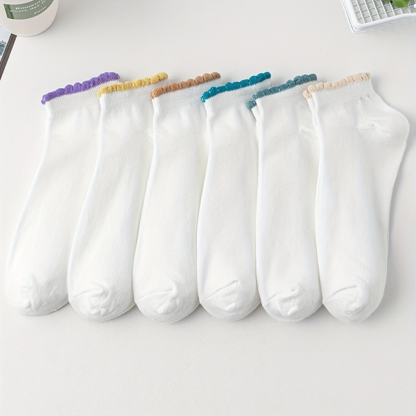 6 Pairs Essential Short Socks with Colorful Trim