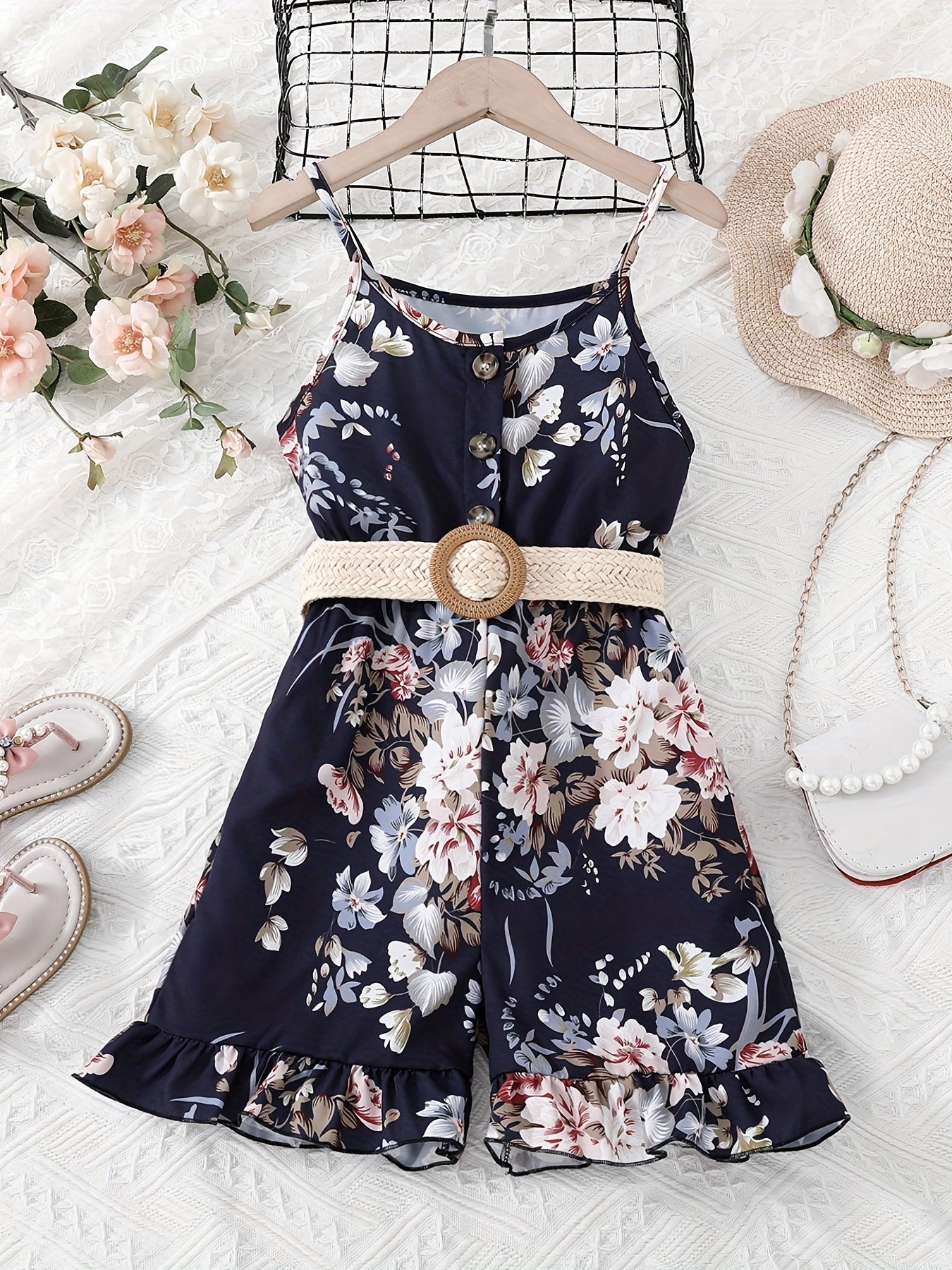 Girls Flowers Print Cami Jumpsuit Rompers With Belt