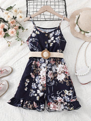 Girls Flowers Print Cami Jumpsuit Rompers With Belt