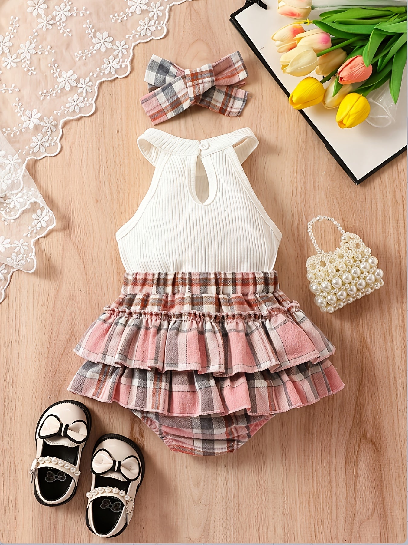 Baby's Stylish Suit Halter Top & Layered Plaid Skirt Set