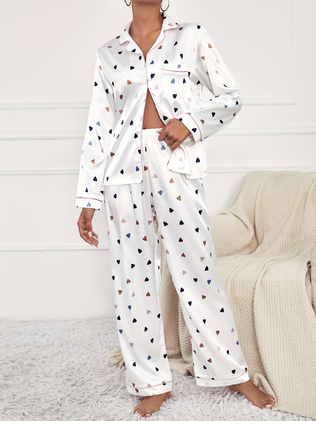 Heart Print Pajama Set Long Sleeve Top & Pants Women's Sleepwear
