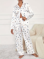 Heart Print Pajama Set Long Sleeve Top & Pants Women's Sleepwear