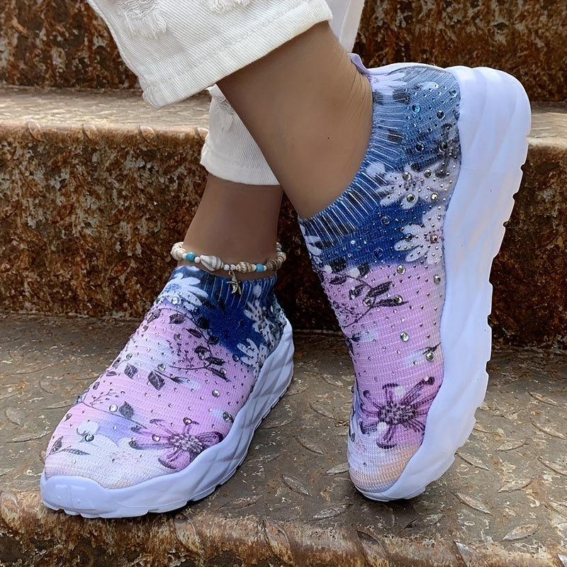 Floral Print Sock Sneakers Rhinestone Low Top Slip On Shoes