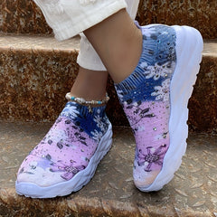 Floral Print Sock Sneakers Rhinestone Low Top Slip On Shoes