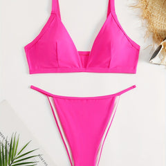 Sexy Bikini Set Women's Solid Deep V Neck Padded Bra & Thong Swimsuit