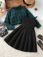 Girls A-line Dress & Plaid Shirt Set Kids Summer Clothes