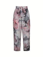 Women's Plus Floral Print Round Neck Top & Drawstring Pants Set