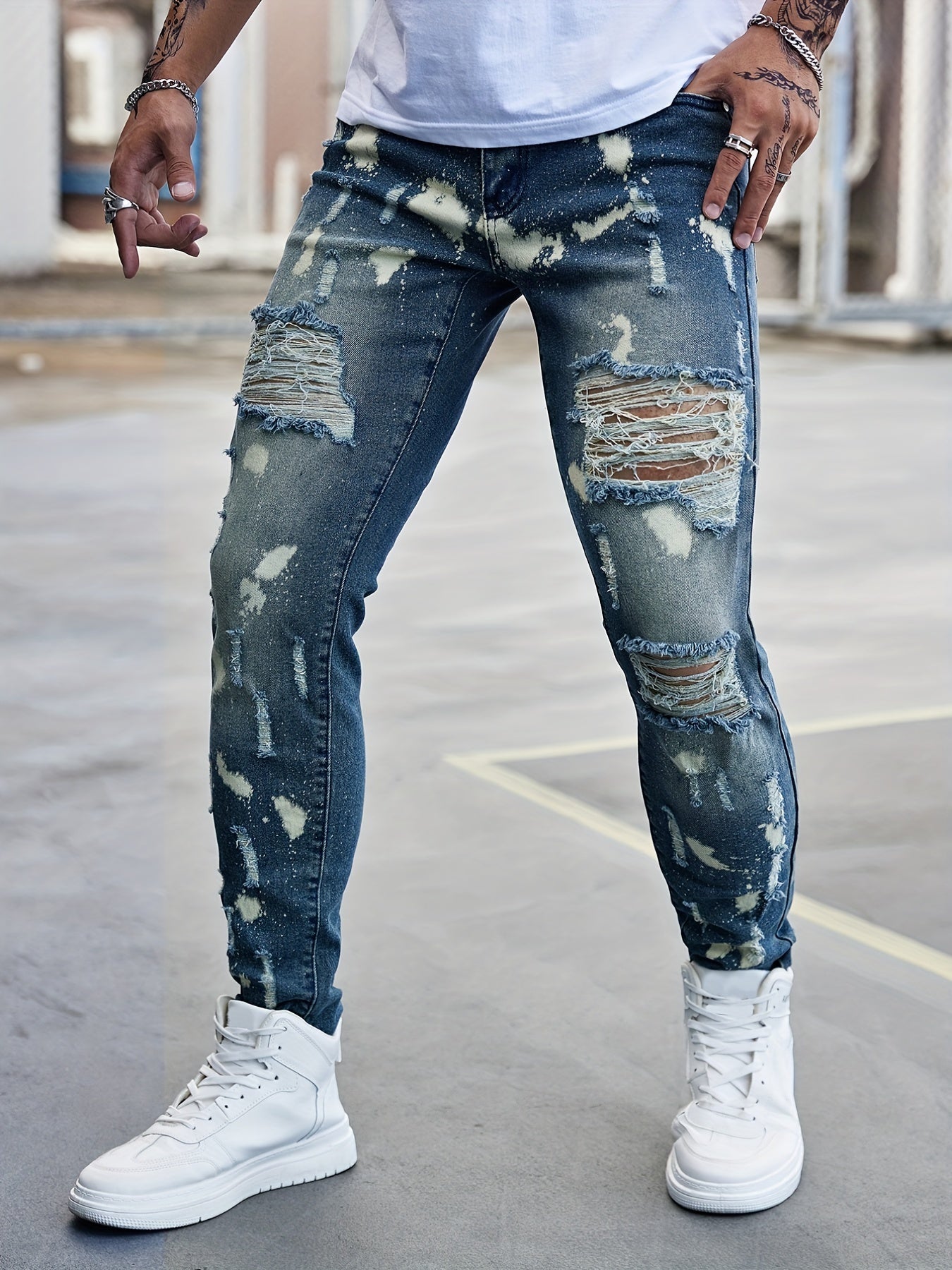 Slim Fit Ripped Jeans Men's Casual Street Style Denim Pants