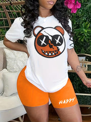 Colorblock Bear Print Crop Top & Shorts Set