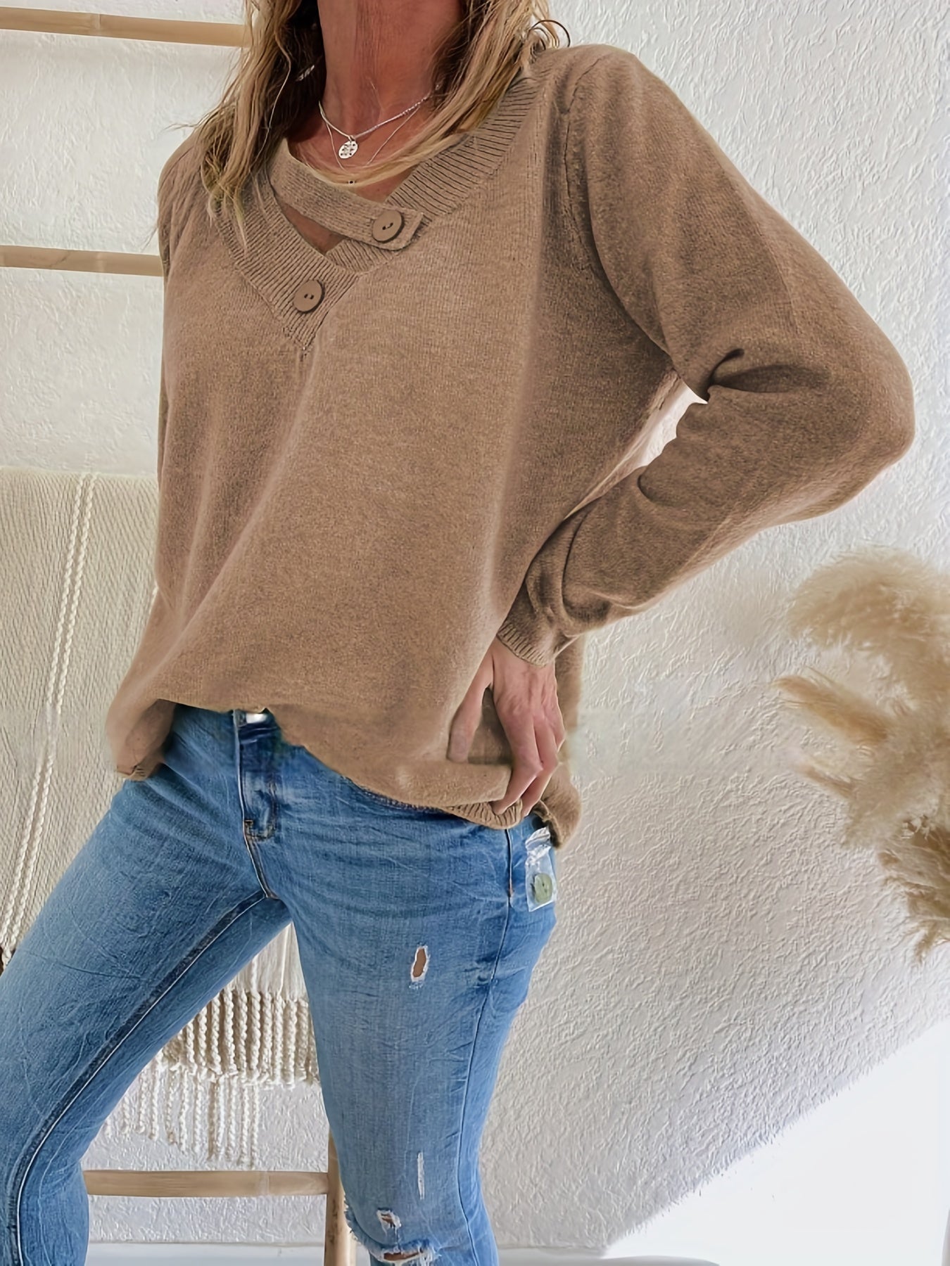 Versatile Knit Sweater V Neck Long Sleeve Casual Sweater With Buttons
