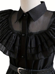 Girls Princess Mesh Ruffled Dress & Wig Set