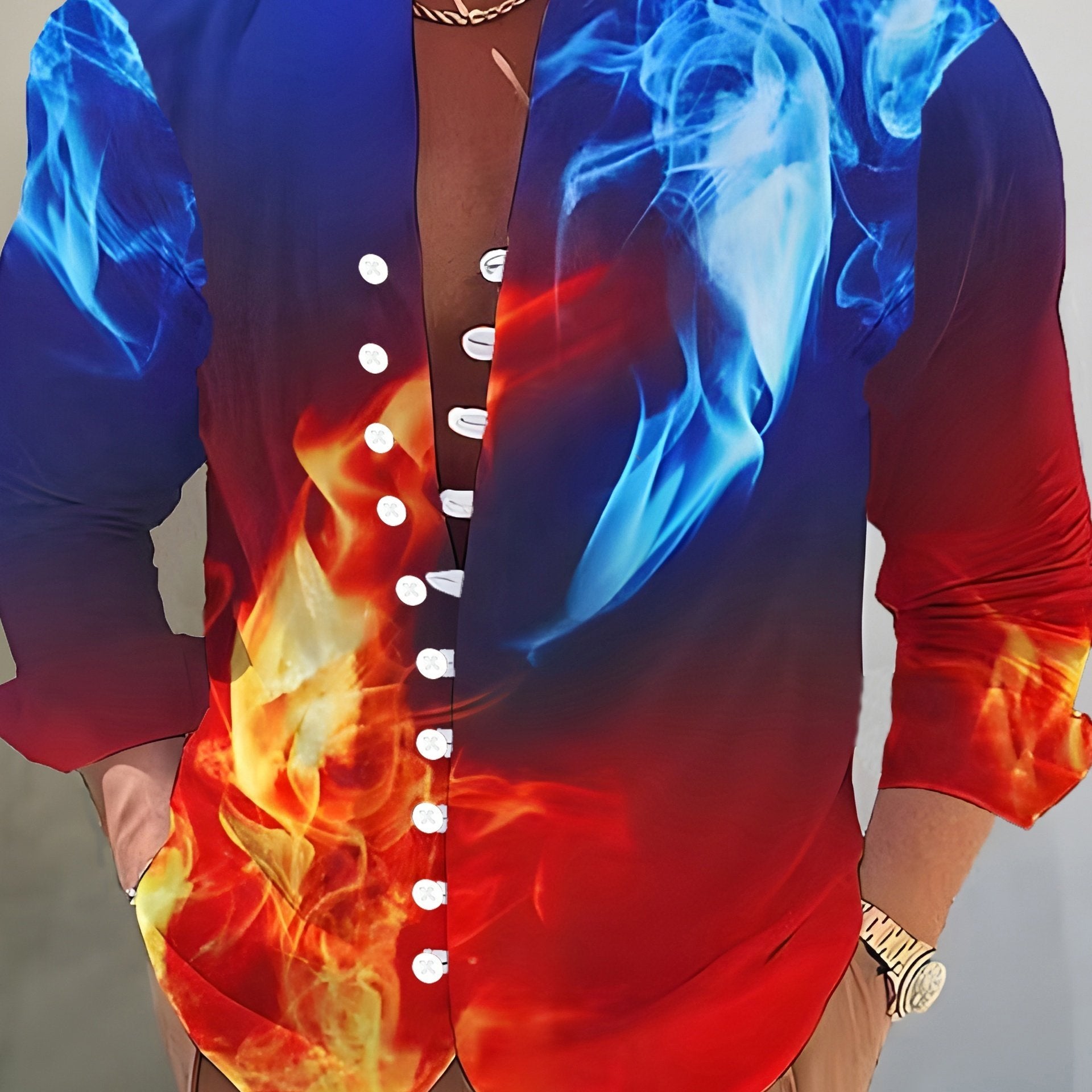 Red Flame 3D Pattern Print Men's Casual Long Sleeve Shirt