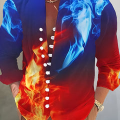 Red Flame 3D Pattern Print Men's Casual Long Sleeve Shirt
