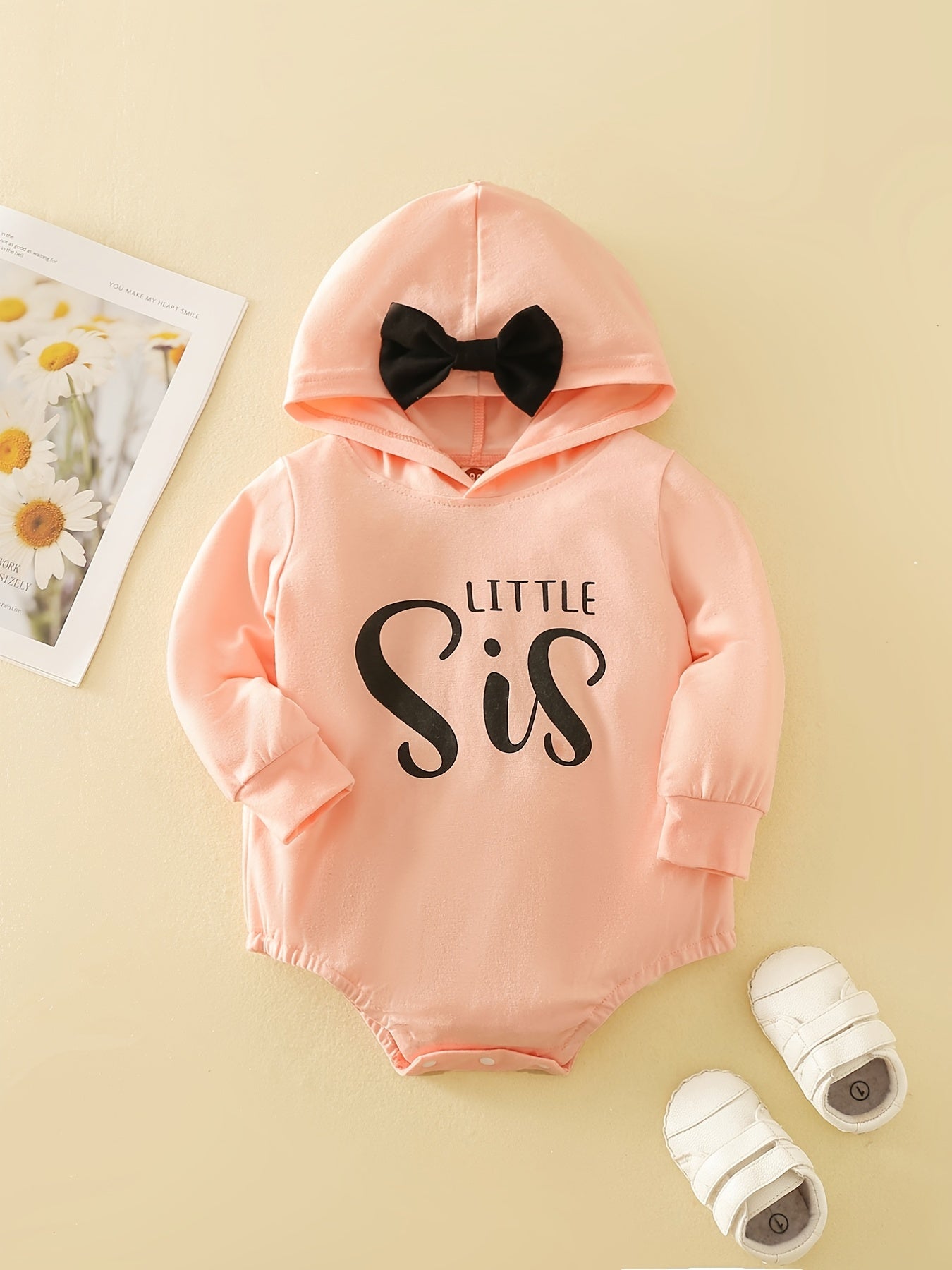 Baby Girls Bow Hooded Romper LITTLE SIS Print