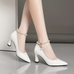 Faux Pearl Buckle Strap Pyramid Heels Pointed Toe Slip On High Heel Shoes