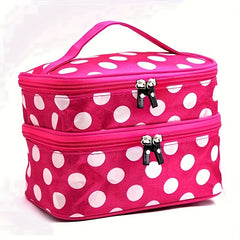Double Layer Dot Pattern Cosmetic Bag, Waterproof & Durable with Mirror