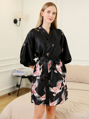 Crane Print Night Robe 3 4 Sleeve V Neck Robe With Belt