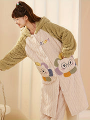 Cat Fuzzy Pajama Set Long Sleeve Hooded Robe & Pants Women's Sleepwear