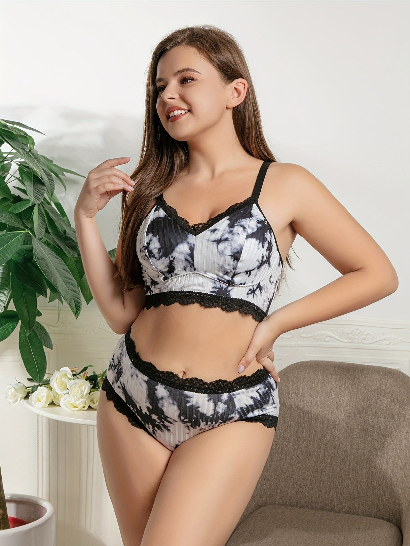 Sporty Bra & Underwear Set Tie Dye Lace Cami High Stretch Two Piece