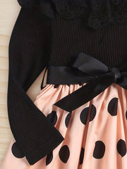 Girls' Lace Polka Dot Dress Long Sleeve Crew Neck Stretch Fit