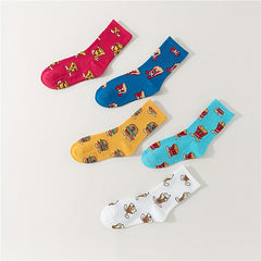 5 Pairs Cartoon Food Print Socks Funny Mid Tube Women's Stockings