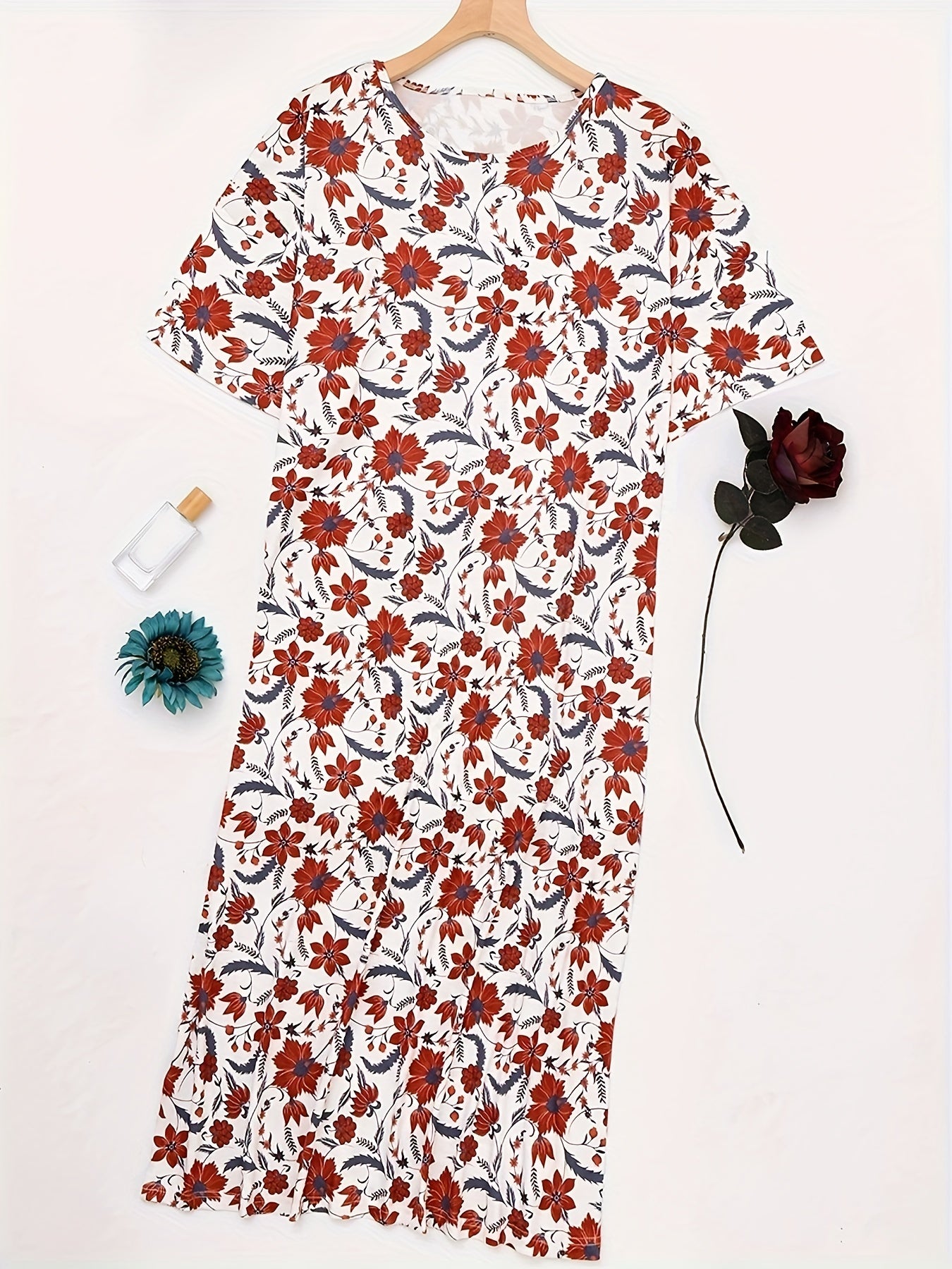 Boho Lounge Dress Floral Print Short Sleeve Round Neck High Stretch
