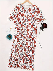 Boho Lounge Dress Floral Print Short Sleeve Round Neck High Stretch
