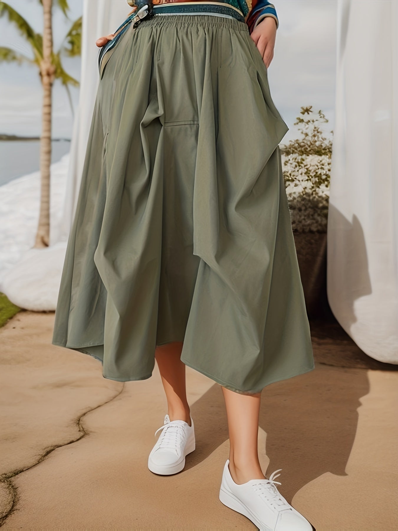 Solid Frill Elastic Waist Skirt for Spring & Summer