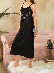 Cat Print Nightdress Crew Neck Spaghetti Strap Sleep Dress