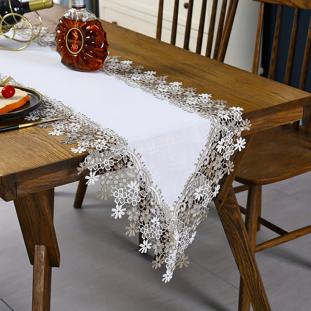 Linen Embroidery Lace Table Runner for Holidays