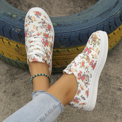 Women's Floral Pattern Lace Up Round Toe Flat Canvas Shoes