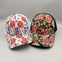 Red Flower Print Trucker Hat Vintage Hot Stamping Sunshade Baseball Cap