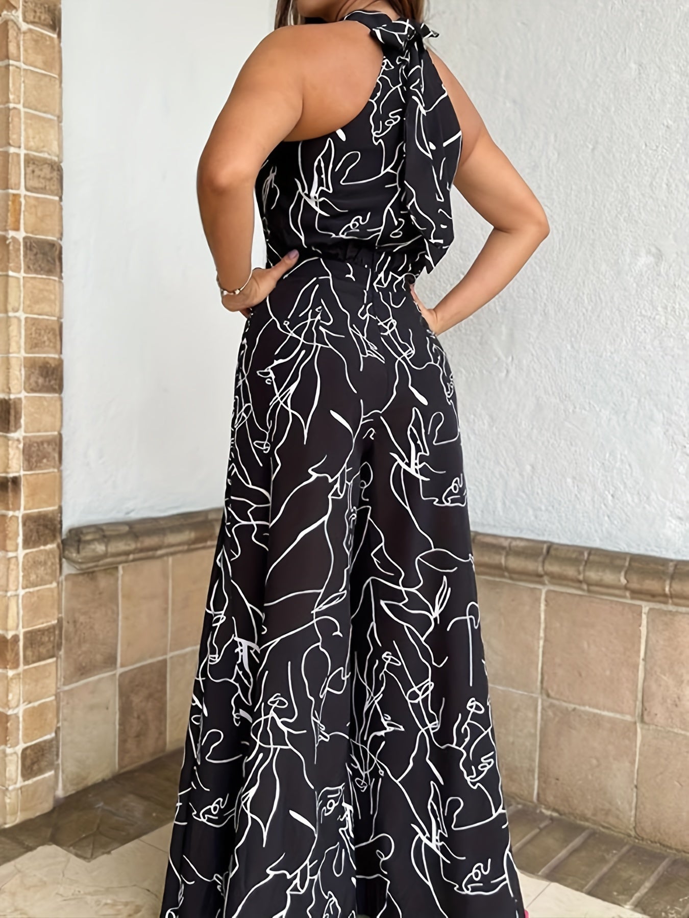 Abstract Print Wide Leg Jumpsuit Sleeveless For Spring & Summer