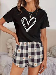 Heart Print Pajama Set Crew Neck Top & Plaid Shorts Women's Sleepwear
