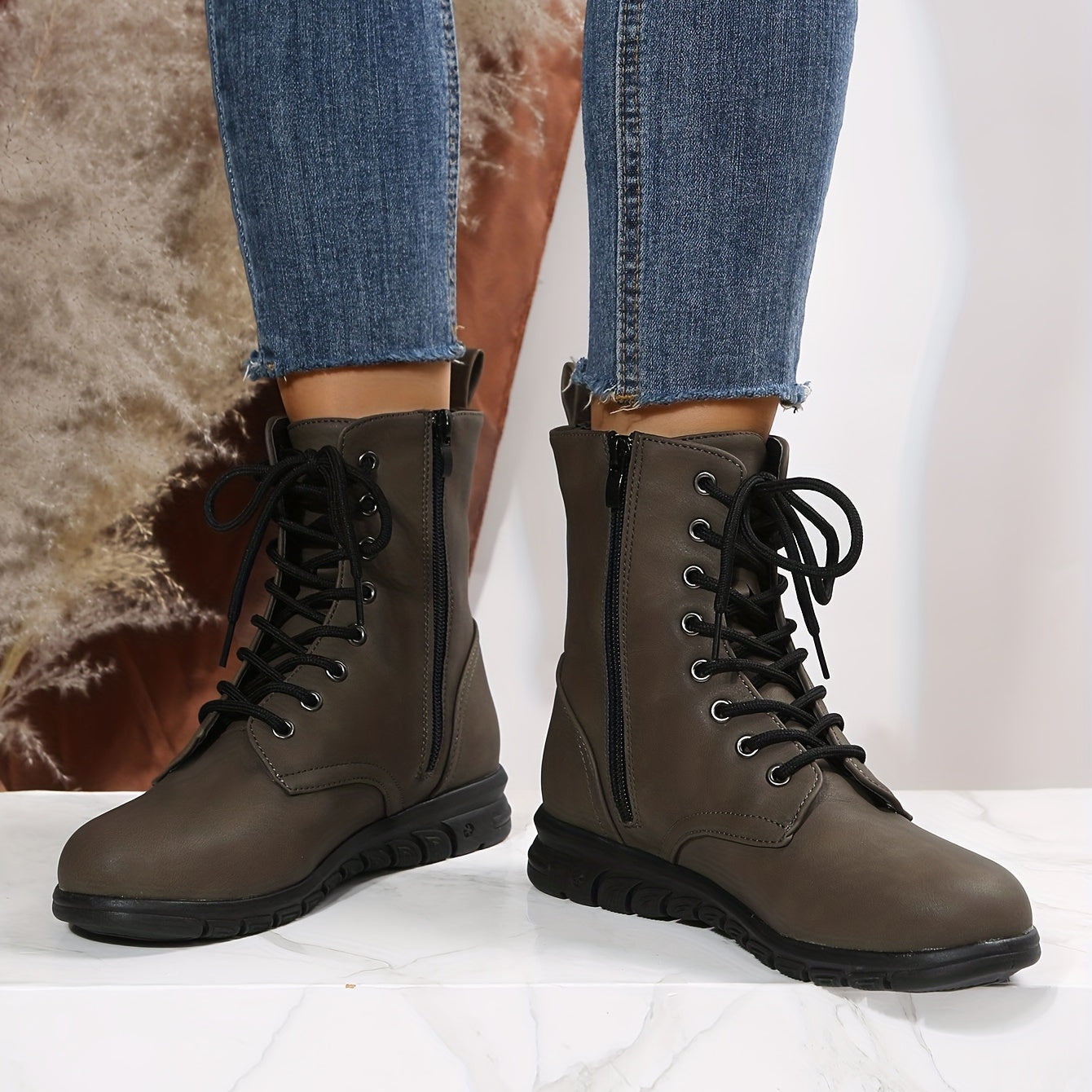 Women's Combat Boots Lace Up Side Zipper Ankle Boots