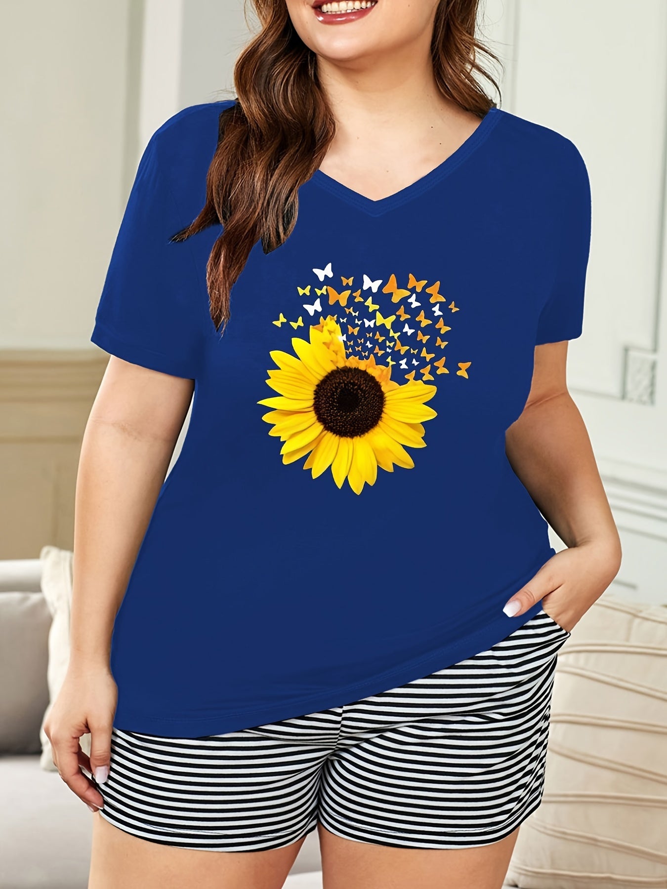 Sunflower & Butterfly Print V Neck Pajama Top