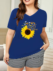 Sunflower & Butterfly Print V Neck Pajama Top
