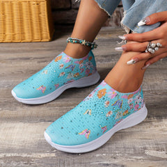 Women's Butterfly Print Sock Shoes Rhinestone Decor Slip On Sneakers