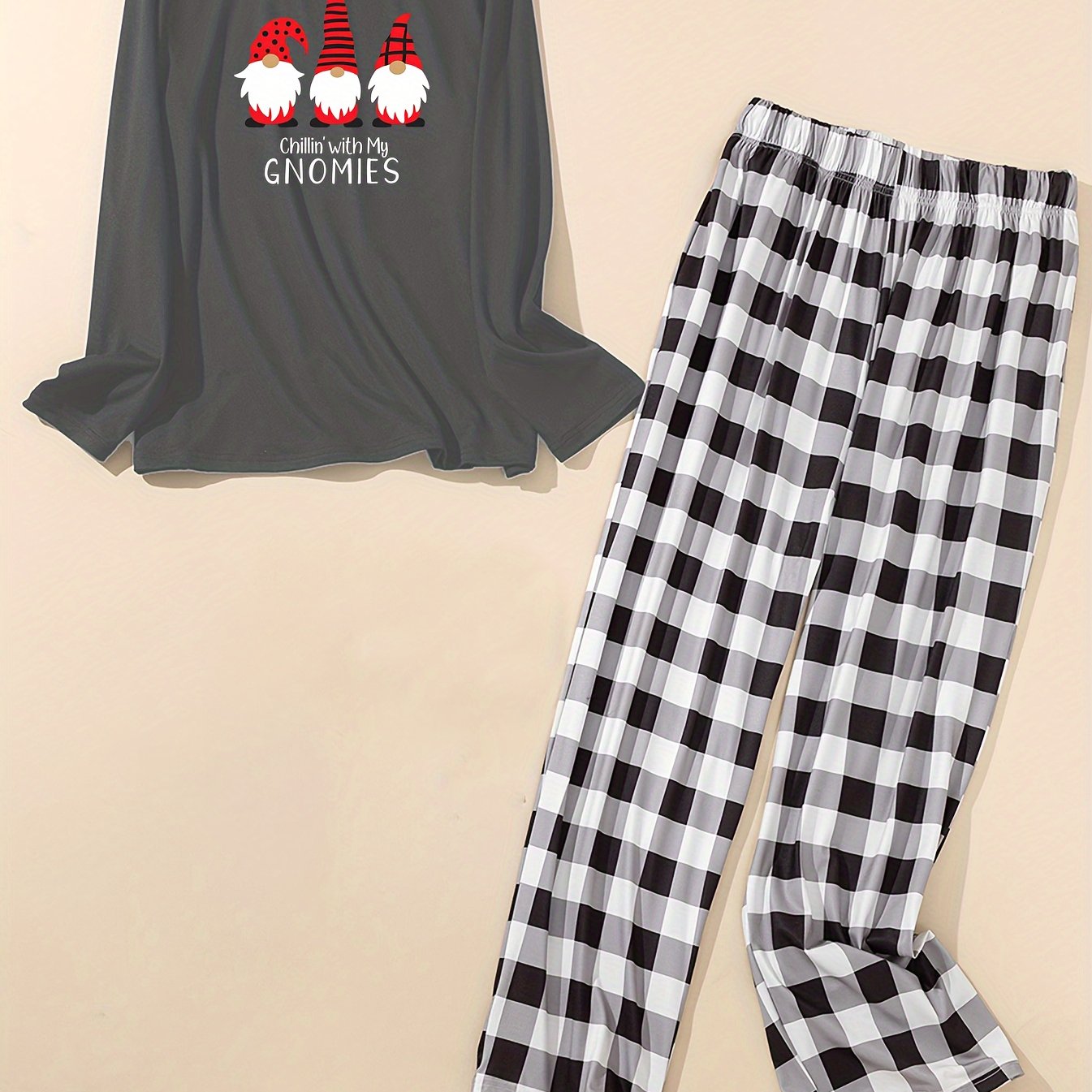 Christmas Lounge Set Gnomes & Letter Print Tee & Plaid Print Pants Paj