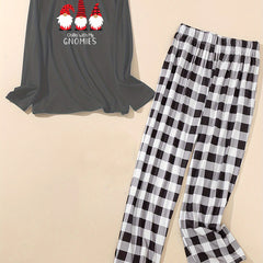 Christmas Lounge Set Gnomes & Letter Print Tee & Plaid Print Pants Paj